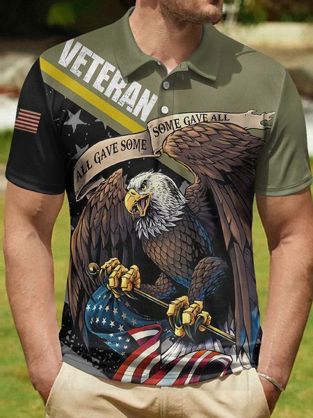 

Men's Veteran All Gave Some Some Gave All Art Printing Urban Regular Fit Eagle Old Glory America Flag Polo Collar Polo Shirt, Black, T-shirts