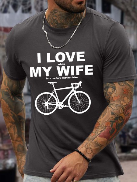 

Men’s I Love When My Wife Lets Me Buy Another Bike Text Letters Cotton Regular Fit Casual T-Shirt, Deep gray, T-shirts