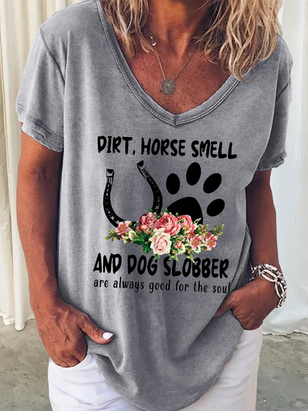

Women's Funny Horse Smell And Dog Slobber Loose Simple V Neck Shirt, Gray, T-shirts