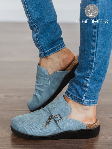 

Blue Zipper Decor Casual Canvas Mules, Flats