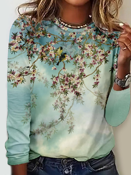 

Women's Flower Bird art Crew Neck Casual Shirt, As picture, Long sleeves