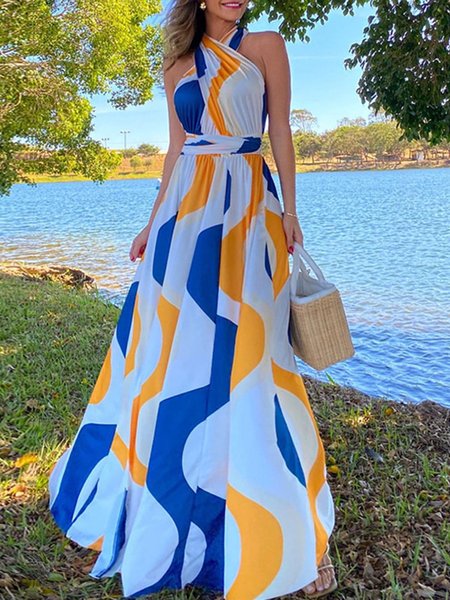

Vacation Geometric Print Cross Neck Dress, Blue, Maxi Dresses