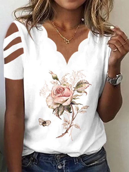 

Elegant Regular Fit Floral V Neck T-Shirt, White, T-Shirts
