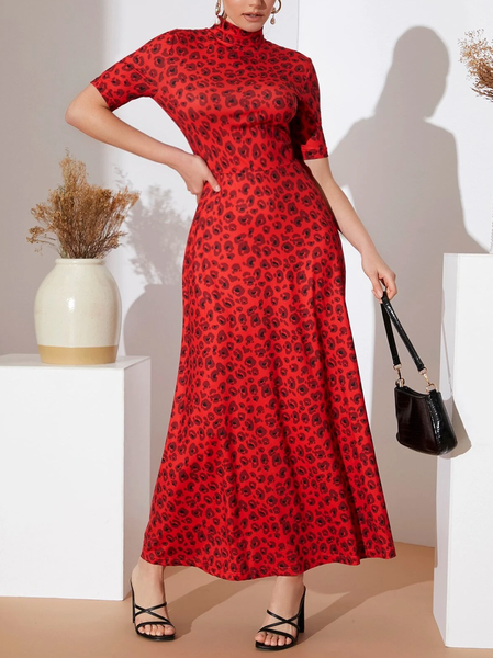 

Allover Print Mock Neck Dress, Red, Maxi Dresses