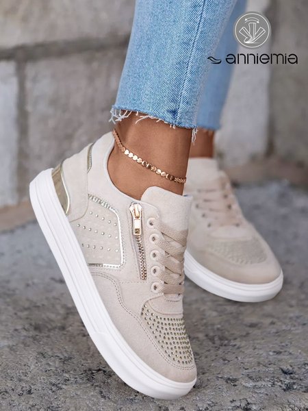 

Apricot Rhinestone Zipper Decor Lace-Up Skate Shoes, Sneakers