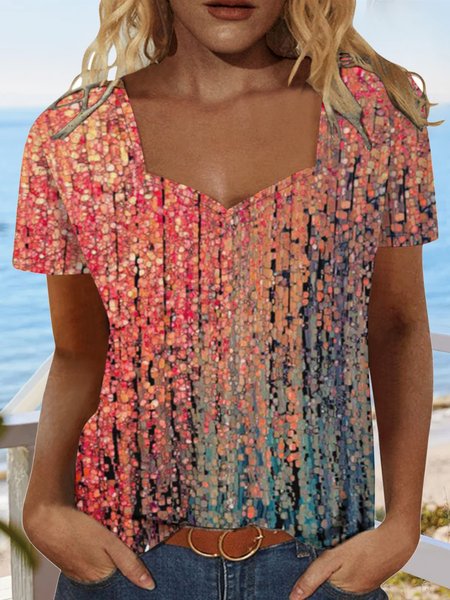 

Casual Square Neck Ombre Shirt, Red, T-Shirts