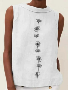 

Linen Floral Crew Neck Loose Tank Top, White, Tanks & Camis