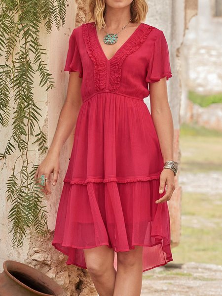 

Casual V Neck Loose Plain Dress, Red, Dresses