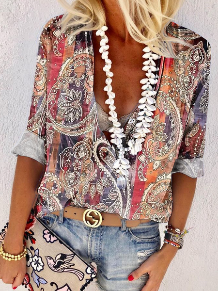 Buttoned Boho Half Open Collar Shirt, Multicolor, Shirts & Blouses