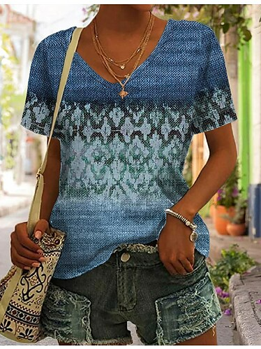 

Ethnic Vintage V Neck T-Shirt, Blue, T-Shirts
