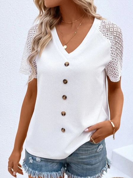 

Plain V Neck Loose Lace Sleeve Casual Shirt, White, Shirts & Blouses