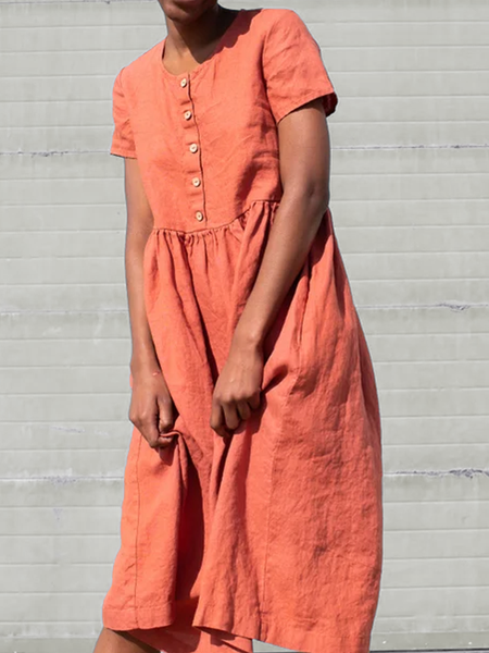 

Buttoned Cotton And Linen Notched Linen Dress, Orange red, Midi Dresses