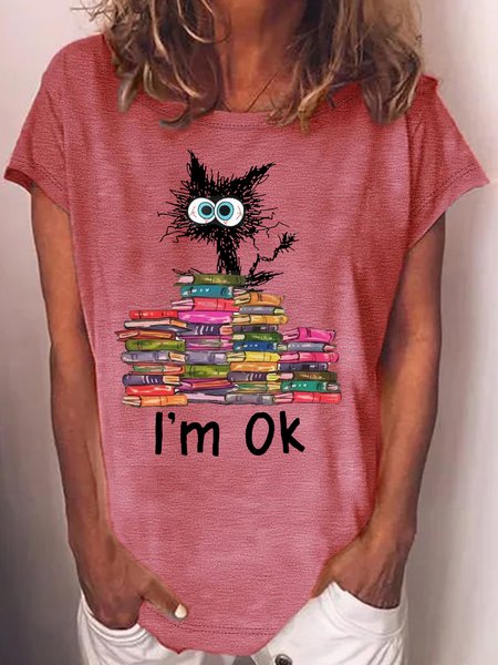 

Women's Cats I'm Ok Funny Books Reading Love Cats Casual Crew Neck T-Shirt, Red, T-shirts