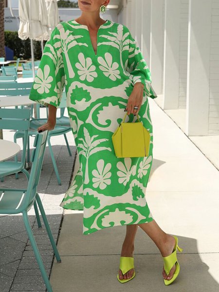 

Floral Loose V Neck Vacation Dress, Green, Midi Dresses