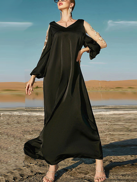 

Satin Regular Fit Elegant V Neck Dress, Black, Maxi Dresses