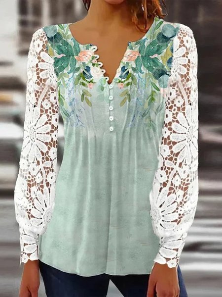 

V Neck Loose Casual Floral Top, Green, Shirts & Blouses