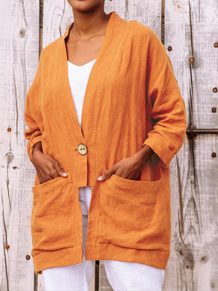

Plain Pockets Buttoned Cotton And Linen Plain Jacket, Orange red, Blouses & Shirts