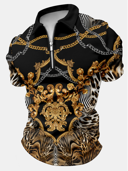 

Men's Metal Chain Stripe Leopard Print Art Print 3D Printing Polo Collar Casual Regular Fit Polo Shirt, As picture, T-shirts