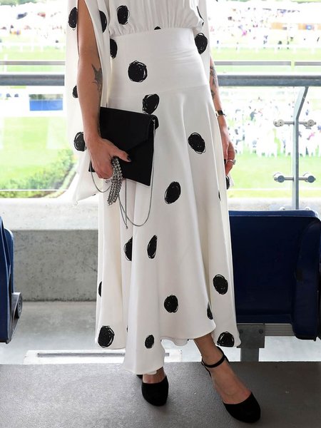 

Polka Dots Elegant High Waist Skirt, White, Skirts
