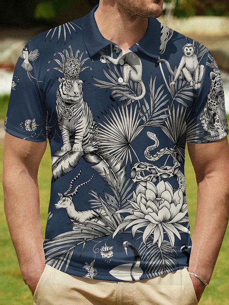 

Men's Tiger Monkey Snake Zoo Art Print Polo Collar Casual Regular Fit Tiger Polo Shirt, Blue, T-shirts