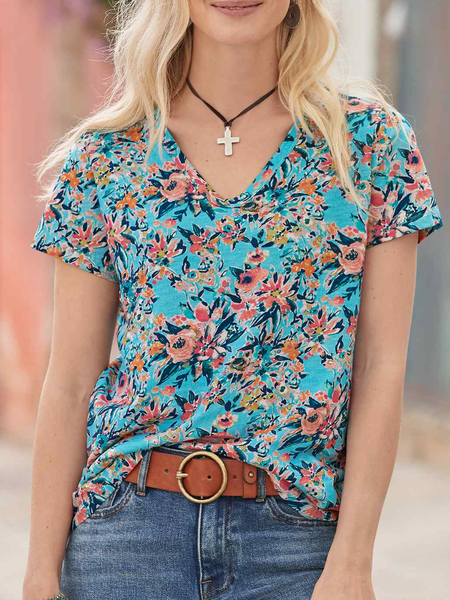 

Floral Loose Casual V Neck T-Shirt, Multicolor, T-Shirts