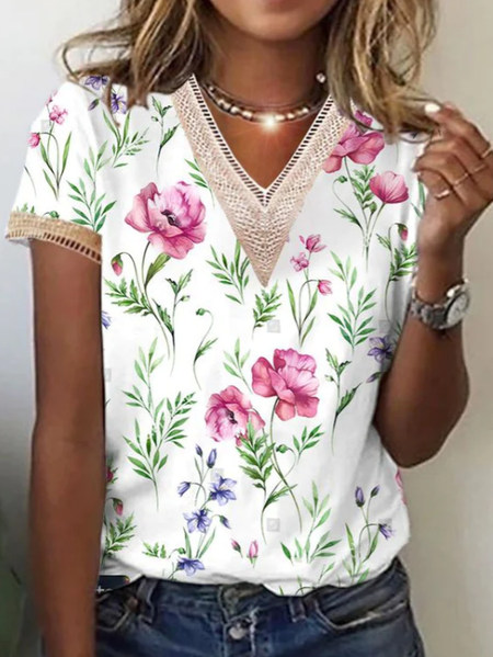 

Casual Lace Loose Floral T-Shirt, Multicolor, T-Shirts