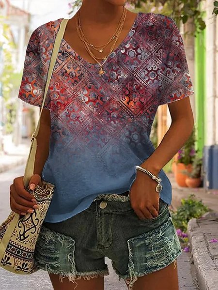 

Women's T shirt Tee Red Blue Purple Graphic Print Short Sleeve Daily Weekend Basic V Neck Regular Painting, Multicolor, T-Shirts