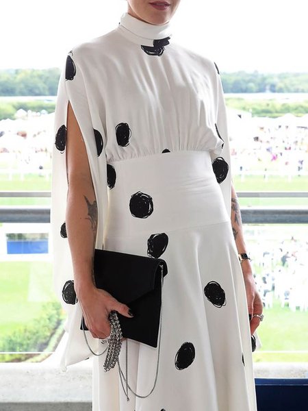 

Loose Stand Collar Elegant Polka Dots Shirt, White, Blouses and Shirts