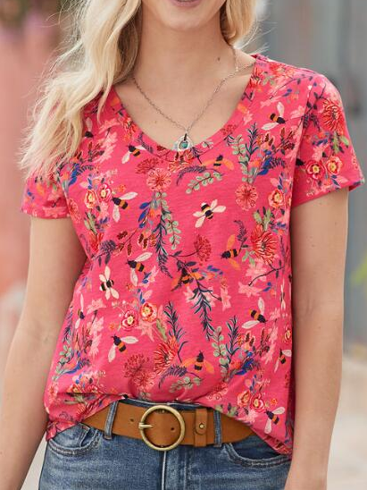 

Casual V Neck Regular Fit Floral T-Shirt, Red, T-Shirts