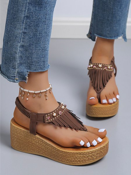 

Beaded Decor Fringe Flip-flops Platform Sandals, Deep brown, Sandals