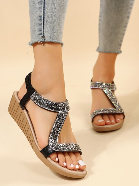 

Party Rhinestone Slip On Wedge Sandals, Black, Sandals