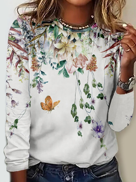 

Women's Art Print Crew Neck Regular Fit Casual Shirt, White, Long sleeves
