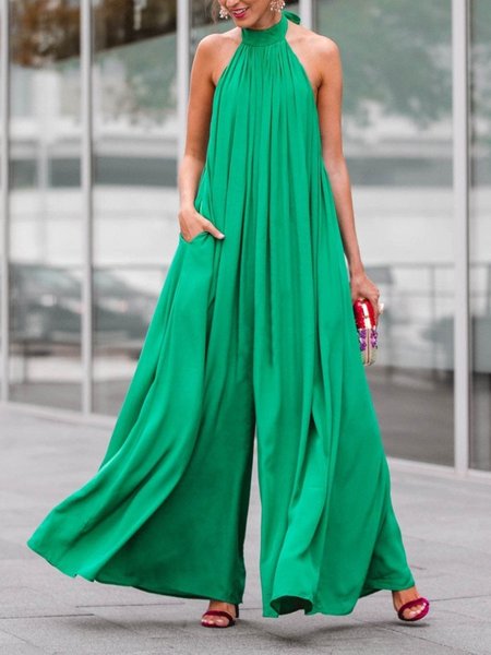 

Halter Plain Vacation Loose Sleeveless Jumpsuit, Green, Jumpsuits