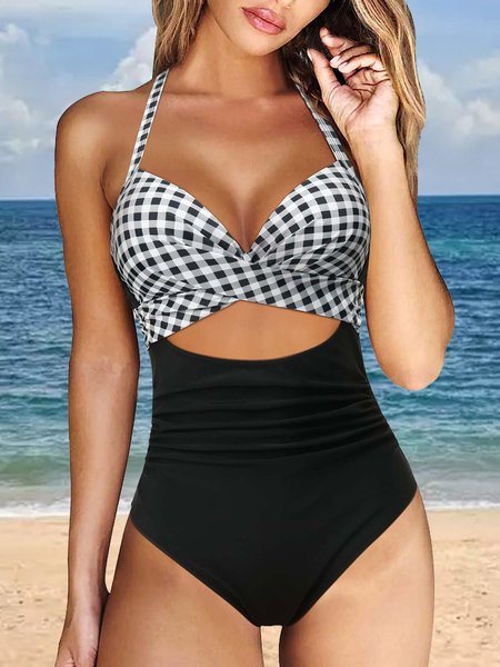 

Casual V Neck Printing Plaid One-Piece, Black, swimwear>>One-Pieces
