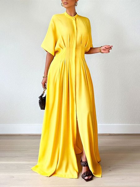 

Crew Neck Urban Plain Regular Fit Dress, Yellow, Maxi Dresses
