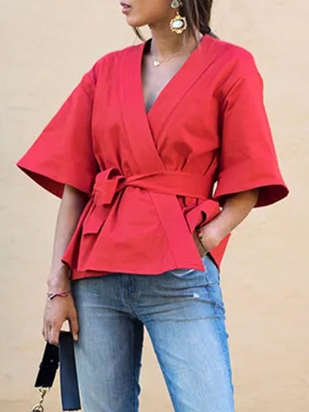 

Regular Fit V Neck Plain Urban Shirt, Red, Blouses and Shirts