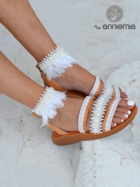 

Romantic Feather Decor Beaded Lace Bridal Sandals, White, Sandals