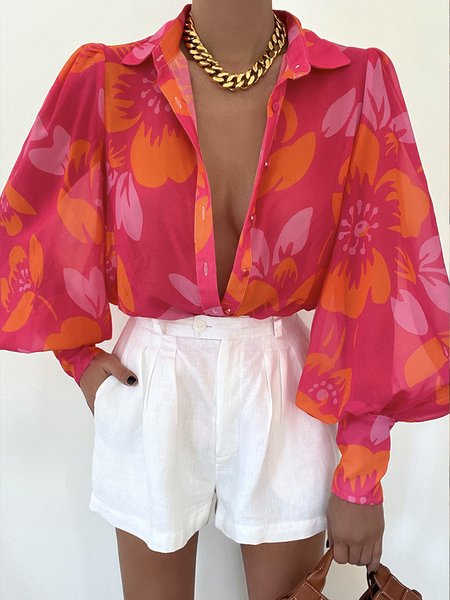 

Long sleeve Elegant Shirt Collar Regular Fit Floral Blouse, Rose red, Blouses and Shirts