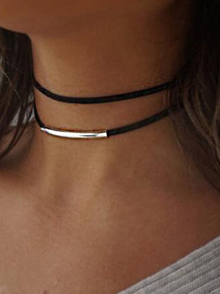 

Casual Leather Metal Multilayer Necklace Choker Women Western Vintage Jewelry, Silver, Necklaces