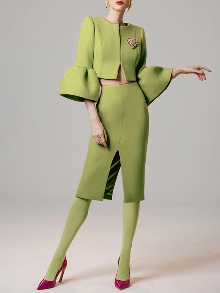 

Crew Neck Elegant Regular Fit Blazer, Green, Blazers