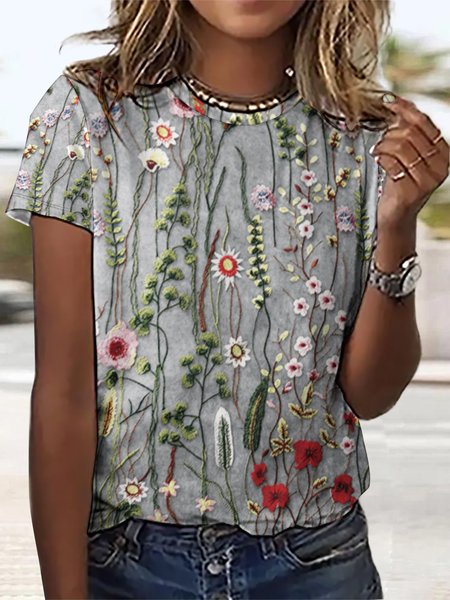 

Women's Floral Loose Simple T-Shirt, Gray, T-shirts