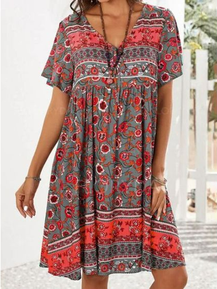 

Floral Loose V Neck Vacation Smock Dress, Red, Dresses