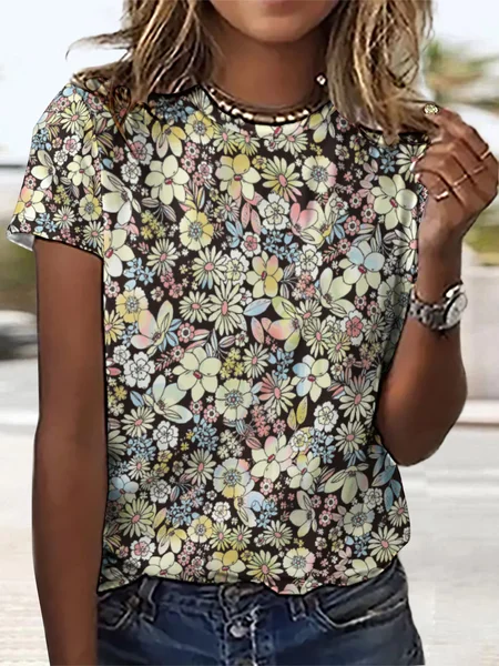 Women's Floral Crew Neck Simple T-Shirt, Green, T-shirts