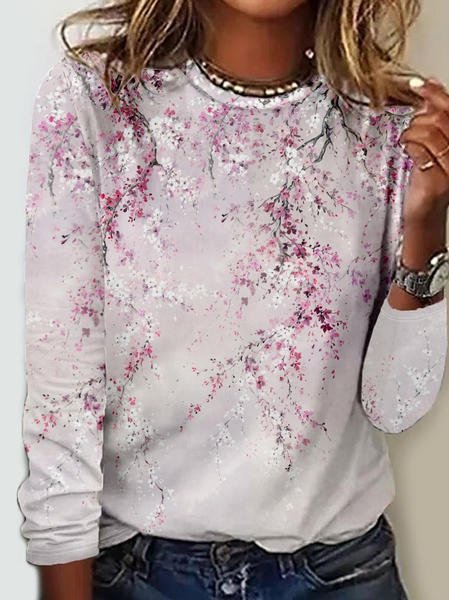 

Women's Art Flower Print Casual Crew Neck Shirt, Pink, Long sleeves