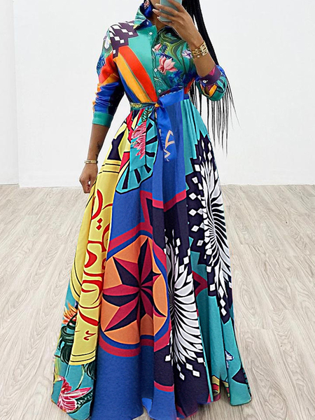 

Urban Regular Fit Abstract Shirt Collar Long sleeve Long Dress, Multicolor, Maxi Dresses