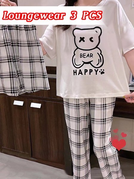 

Plaid Bear Print Pajamas Loungewear 3-piece Set, Color3, Loungewear & Sleepwear