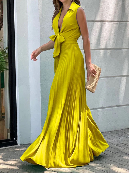 

Elegant Regular Fit Shirt Collar Sleeveless Long Dress, Yellow, Maxi Dresses