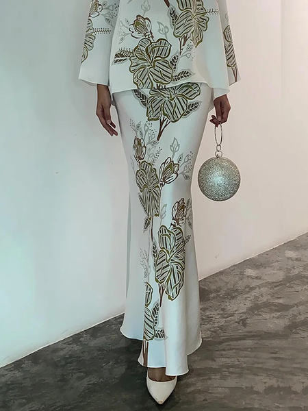 

Floral Regular Fit Elegant Long Skirt, White, Skirts