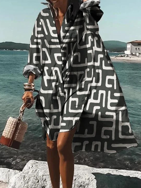 

Vacation Loose Shirt Collar Long sleeve Geometric Skirt Dress, Black, Mini Dresses