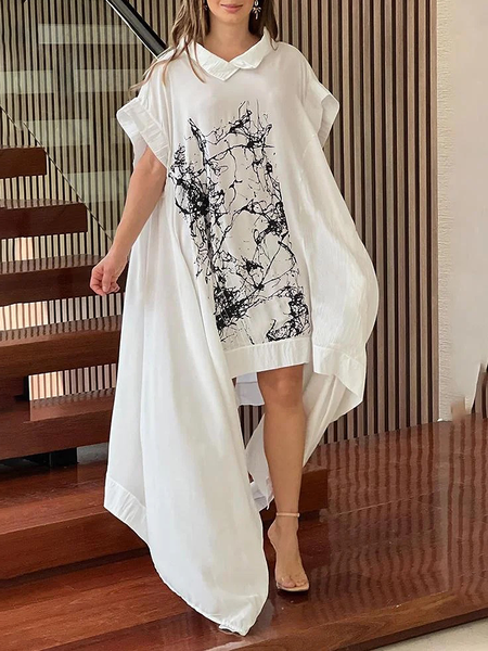 

Urban Loose Short sleeve Abstract Shawl Collar Long Dress, White, Maxi Dresses
